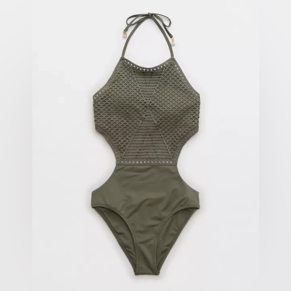 Aerie‎ Size Medium Swimsuit One Piece Crochet Top Halter Open Sides Olive Green - Picture 4 of 13
